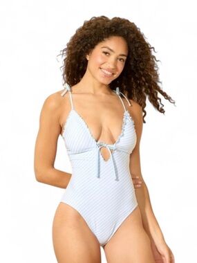 NWT Shade & Shore Light Blue Striped One Piece Swimsuit medium